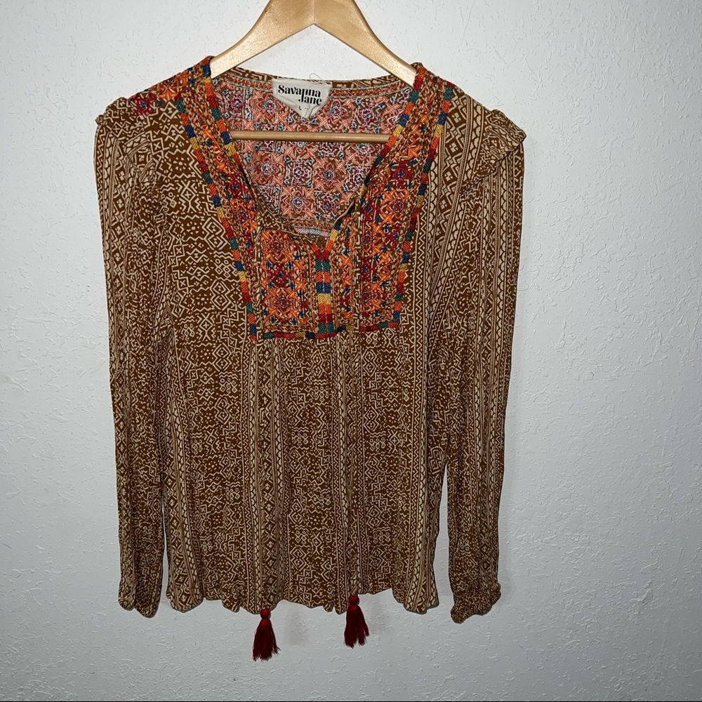 Savanna Jane Embroidered Long Sleeve Boho Style Ruffle Sleeve Accented Top.